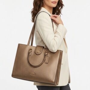 Coach Outlet Maggie Handbag Womens Brown Pebbled Leather Inner Pockets Tote Bag